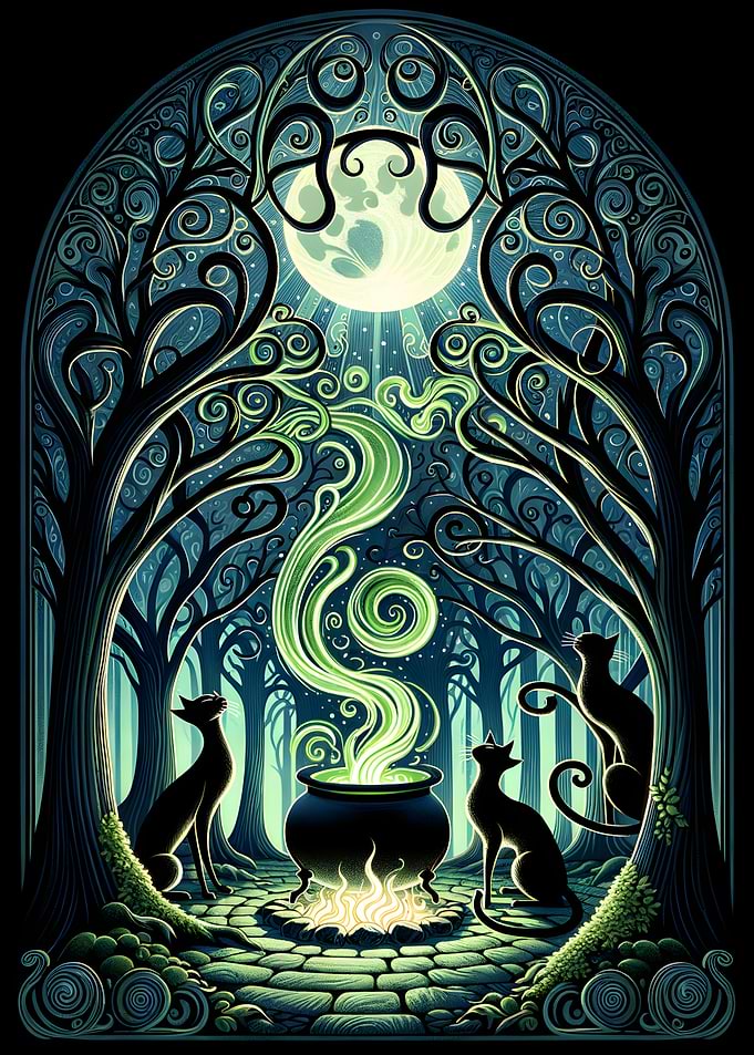 Witch's Cauldron with Cats and Moon