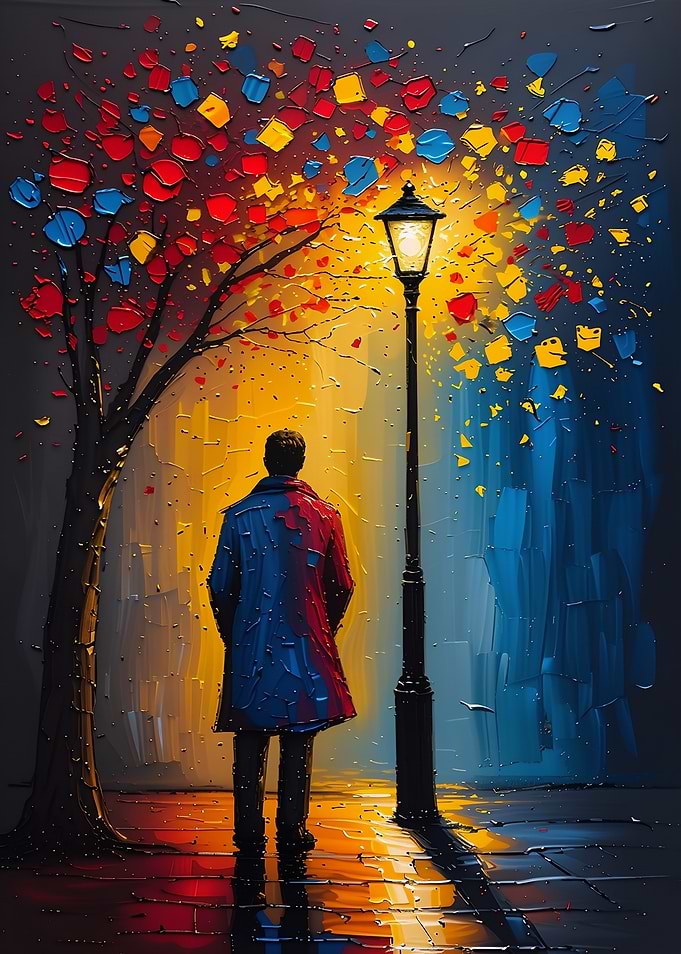 Man under street light painting