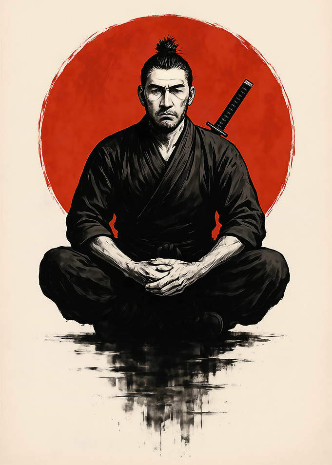 Meditating Samurai with Red Sun