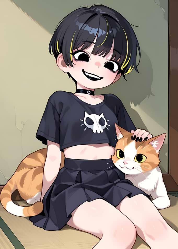 Anime girl and cuddling a cat