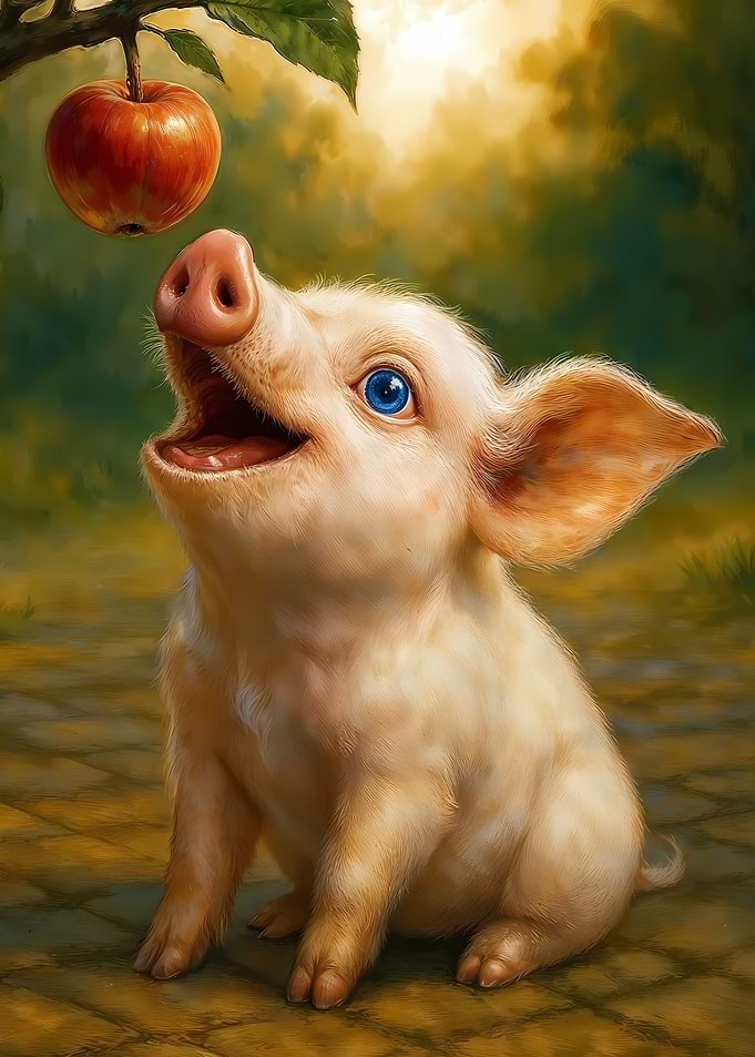Piglet Looking at Apple
