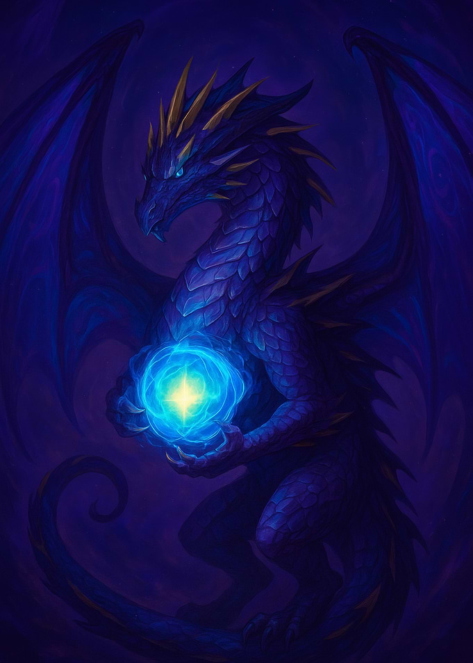 Blue Dragon Holding Glowing Orb