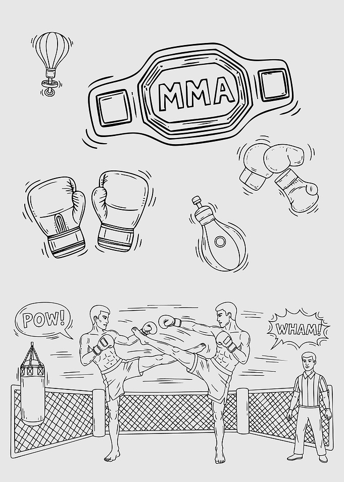 MMA Fighting Sketch with Equipment and Fighters