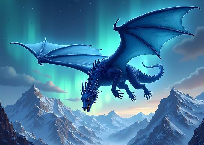 Blue Dragon Flying Over Snowy Mountains