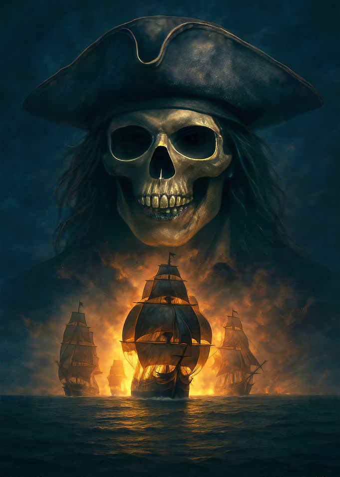 Pirate Skull and Burning Ships