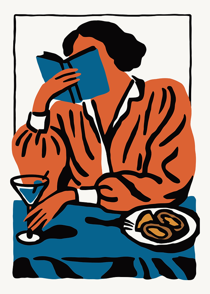 Woman Reading with Drink and Food