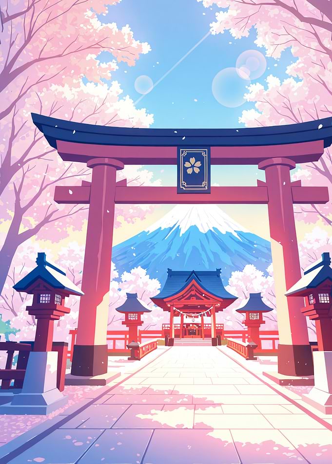 Japanese Shrine with Mount Fuji Cherry Blossoms Sakura Torii Gate