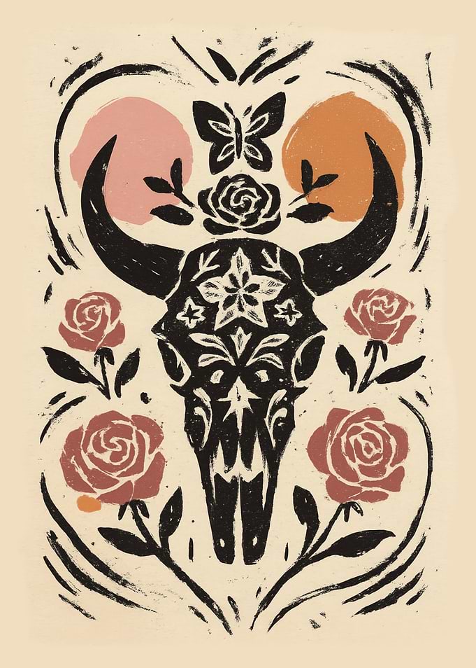 Floral Bull Skull Linocut Western Boho Art