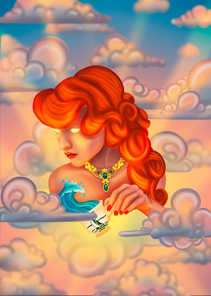 Dreamy Woman with Teacup in Clouds