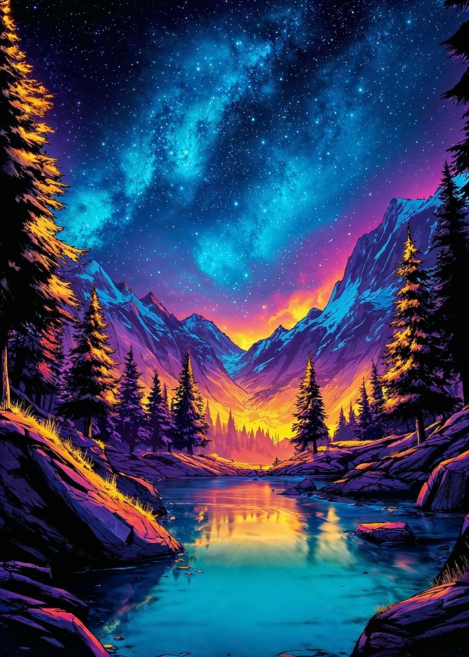 Colorful Mountain Landscape with Starry Sky