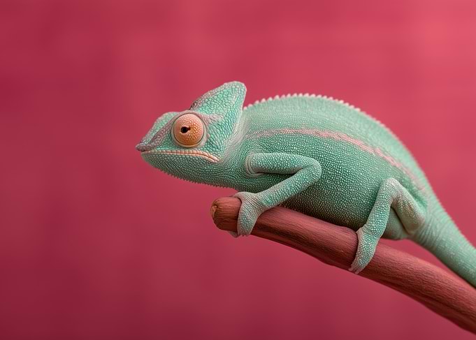 Chameleon on Branch, Pink Background