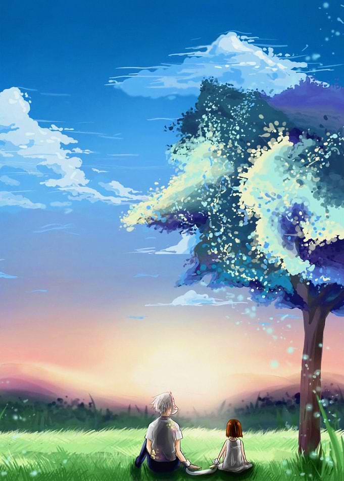 Anime Couple Under a Tree at Sunset