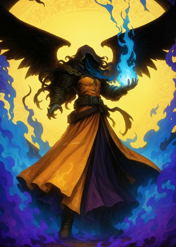 Winged Sorcerer with Blue Flame