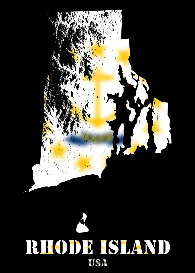 Rhode Island USA Topographic Contour Relief Map blending terrain features into its emblematic colorful flag