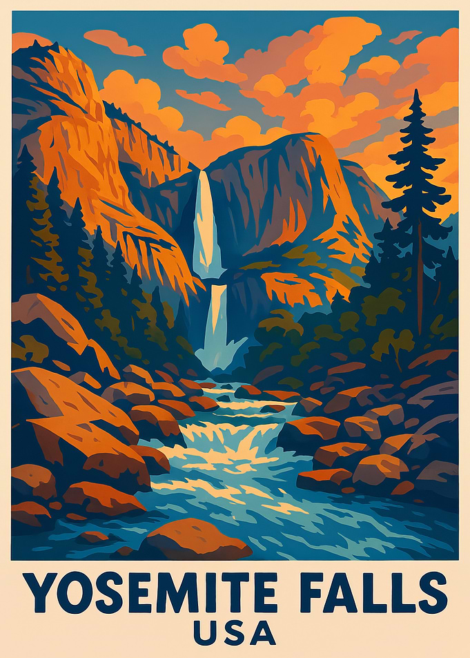 Yosemite Falls USA Vintage Travel Poster