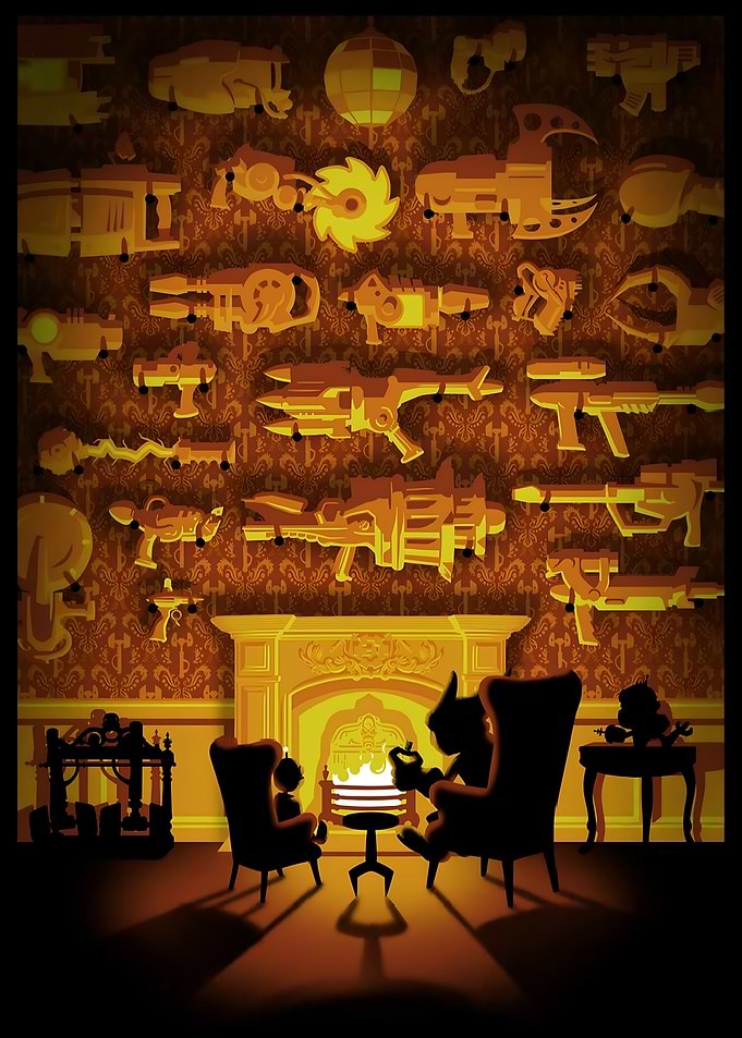 Cartoonish Room with Fireplace and Weapons
