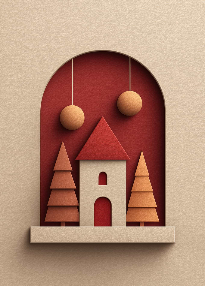 Minimalist Christmas Scene with House and Trees