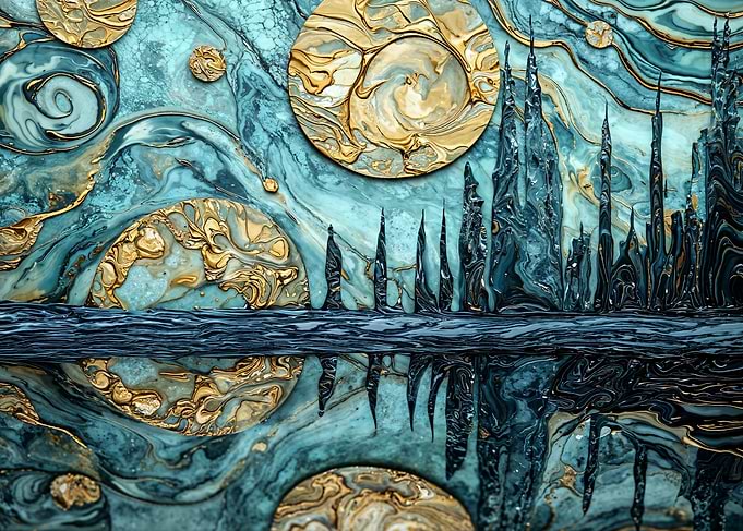 Abstract Teal and Gold Landscape Reflection