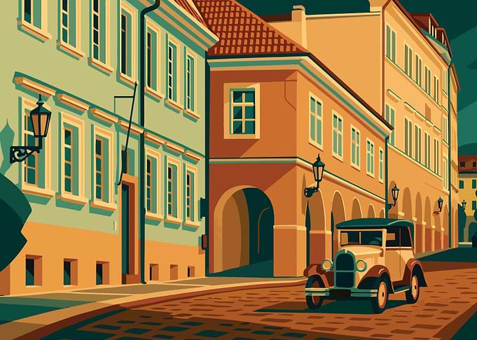 Golden Hour in Prague - Art Deco Street Scene with classic car