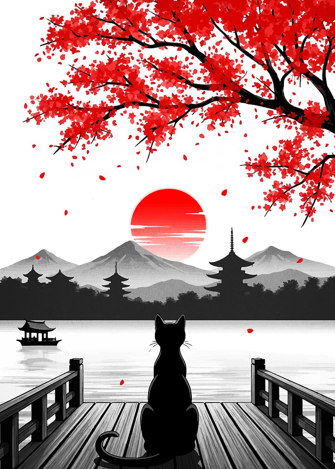 Black Cat Gazing at Japanese Landscape