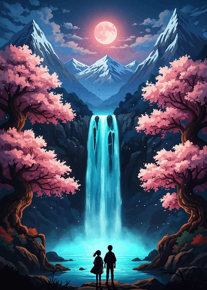 Waterfall, Cherry Blossoms, and Moonlight Serenity