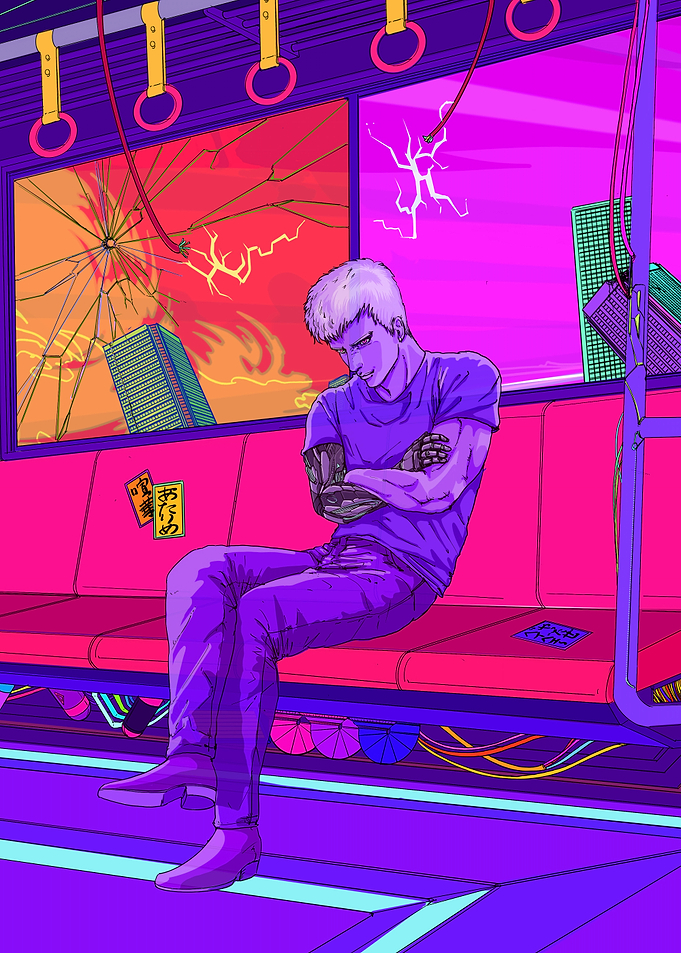 Cyberpunk man on a train