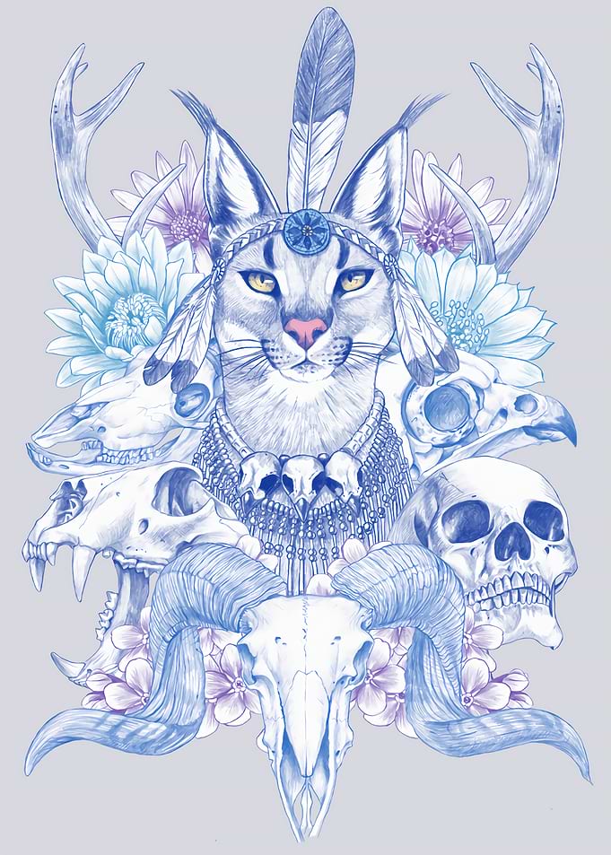 Caracal Shaman with Skulls and Flowers