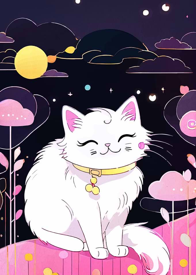 Cute White Cat in Dreamy Landscape