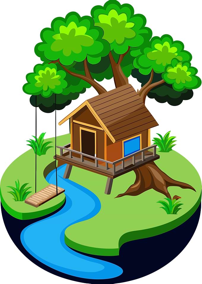 Isometric Treehouse with Swing and River on Island Vector Illustration Metal Wall Art