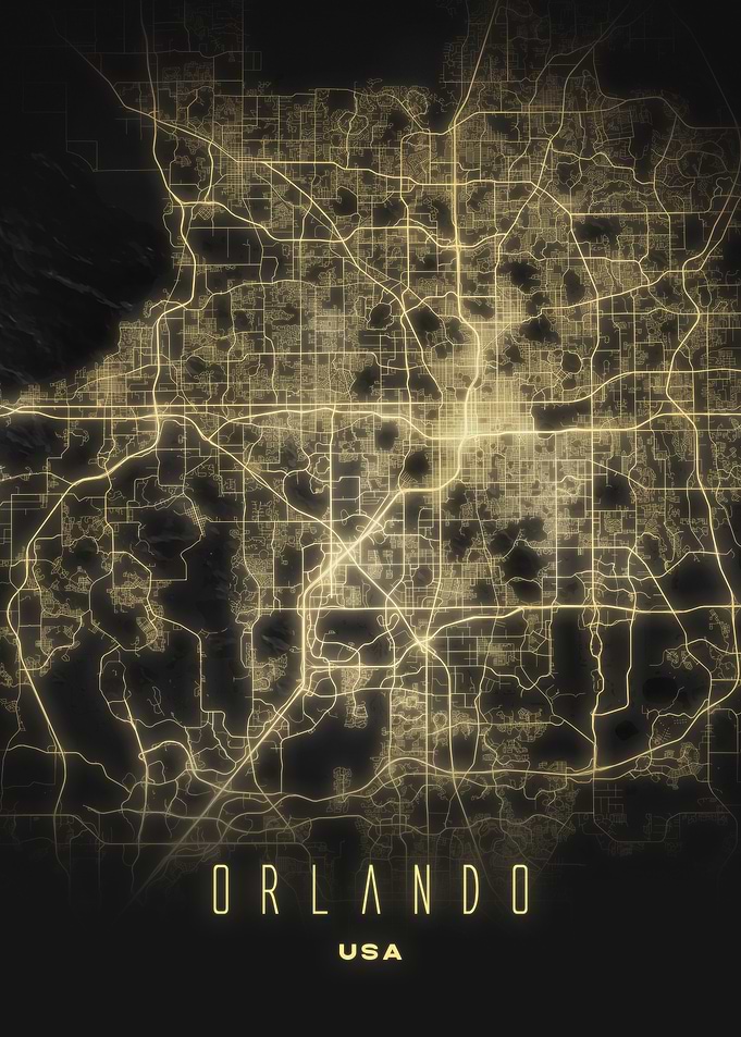 Orlando, USA City Map at Night - Dark Minimalist Street Map of Orlando's Iconic Urban Landscape