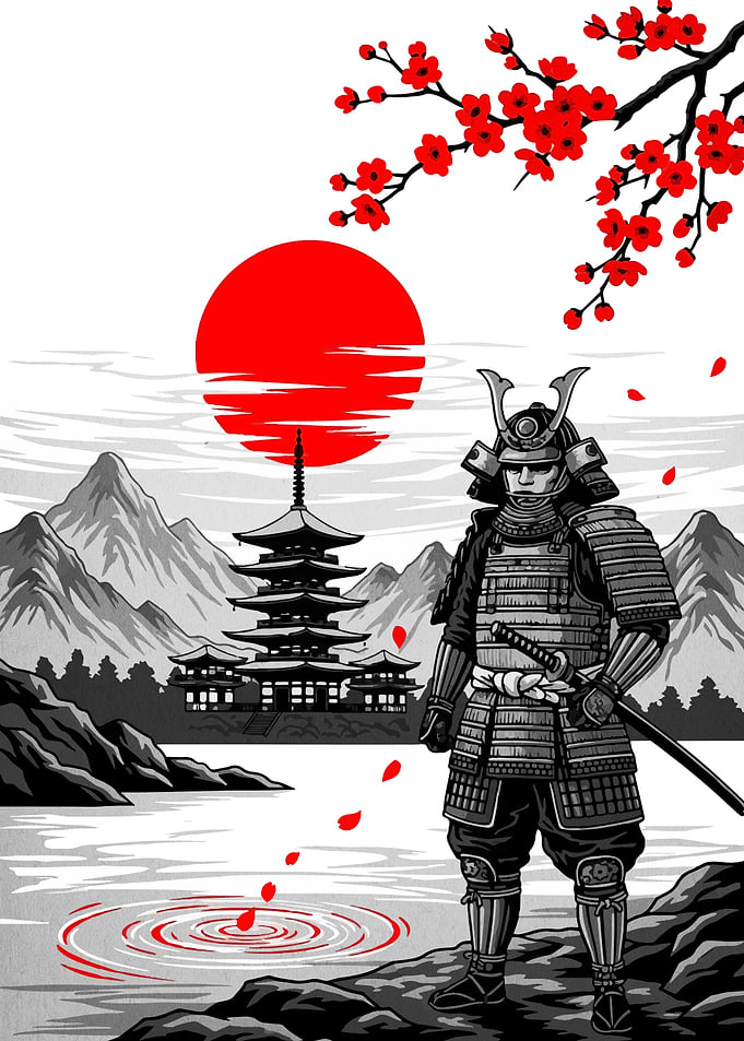 Samurai Warrior with Temple and Cherry Blossoms