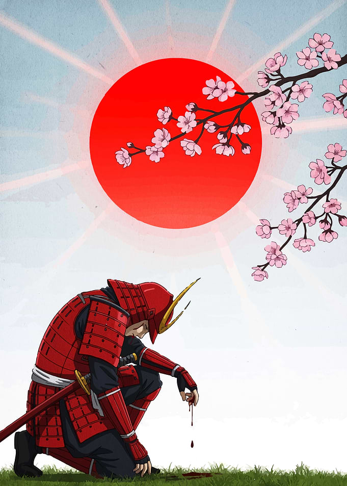 Samurai Under Cherry Blossoms and Sun