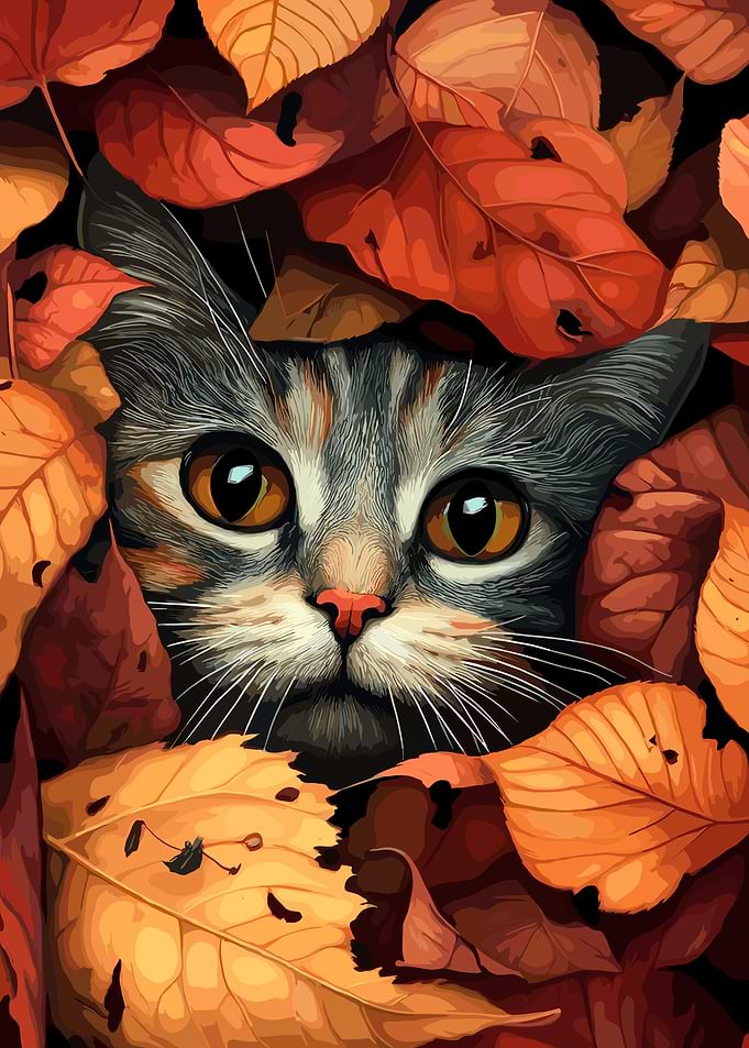 Cat in Autumn Leaves
