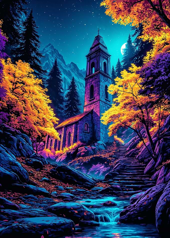 Church in a vibrant forest landscape