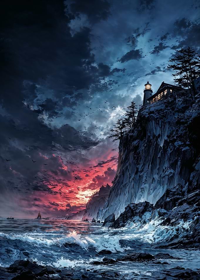 Lighthouse on Cliff at Sunset