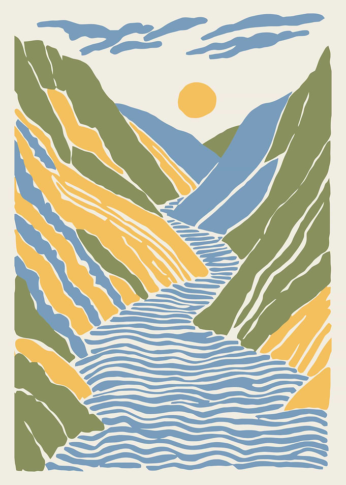 Abstract Mountain River Landscape Illustration