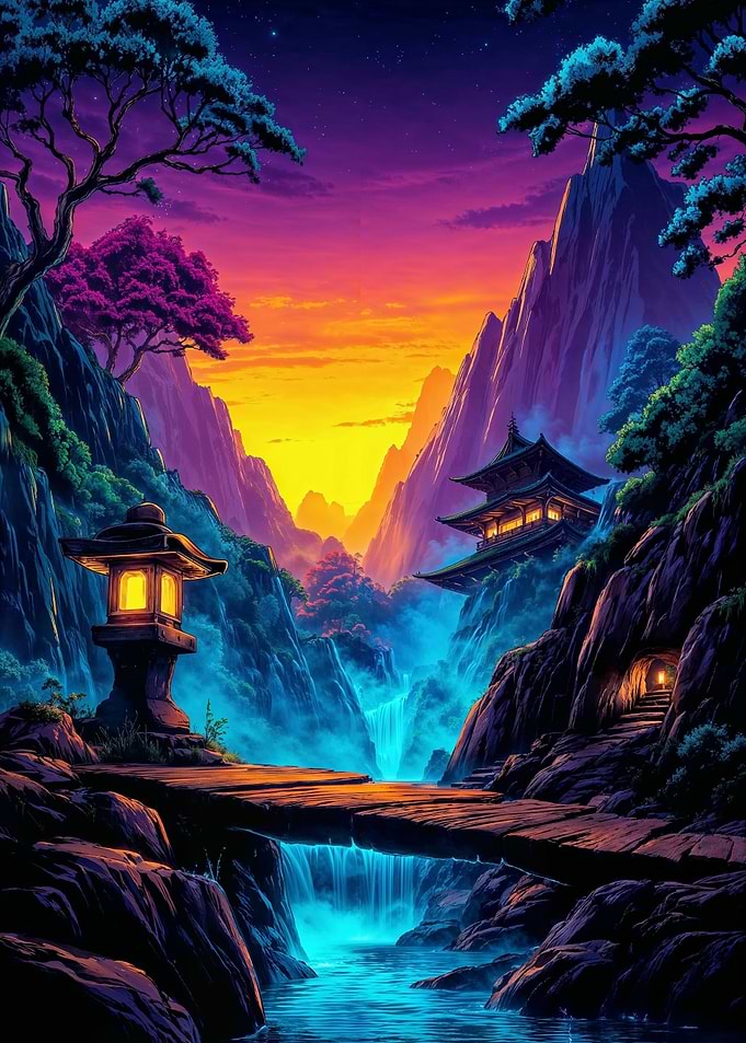 Japanese landscape with temple and waterfall