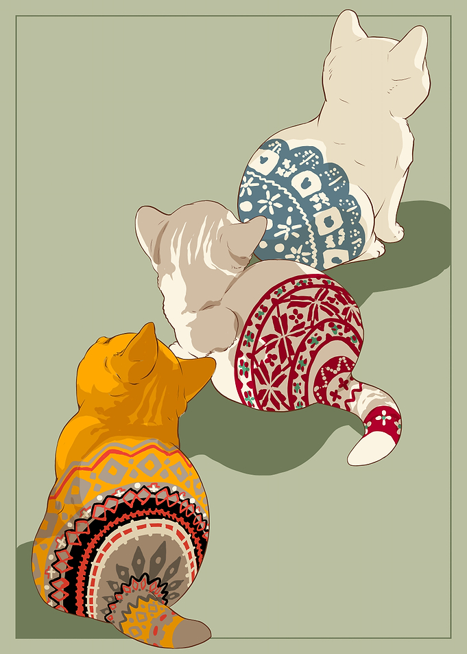 Three Cats with Patterned Backs