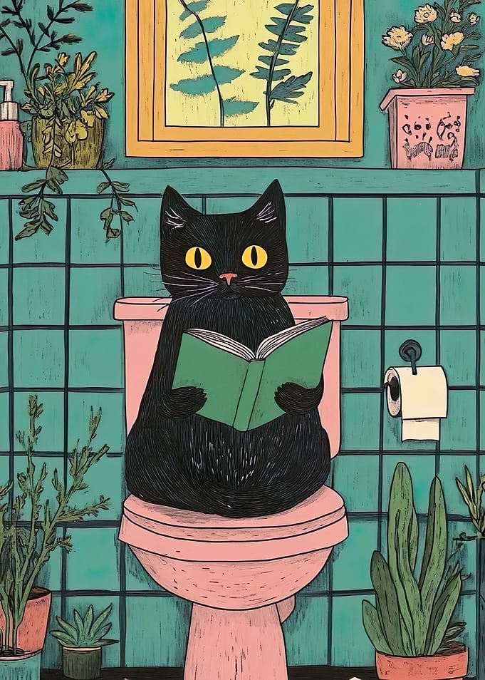 Cat Reading on Toilet Art