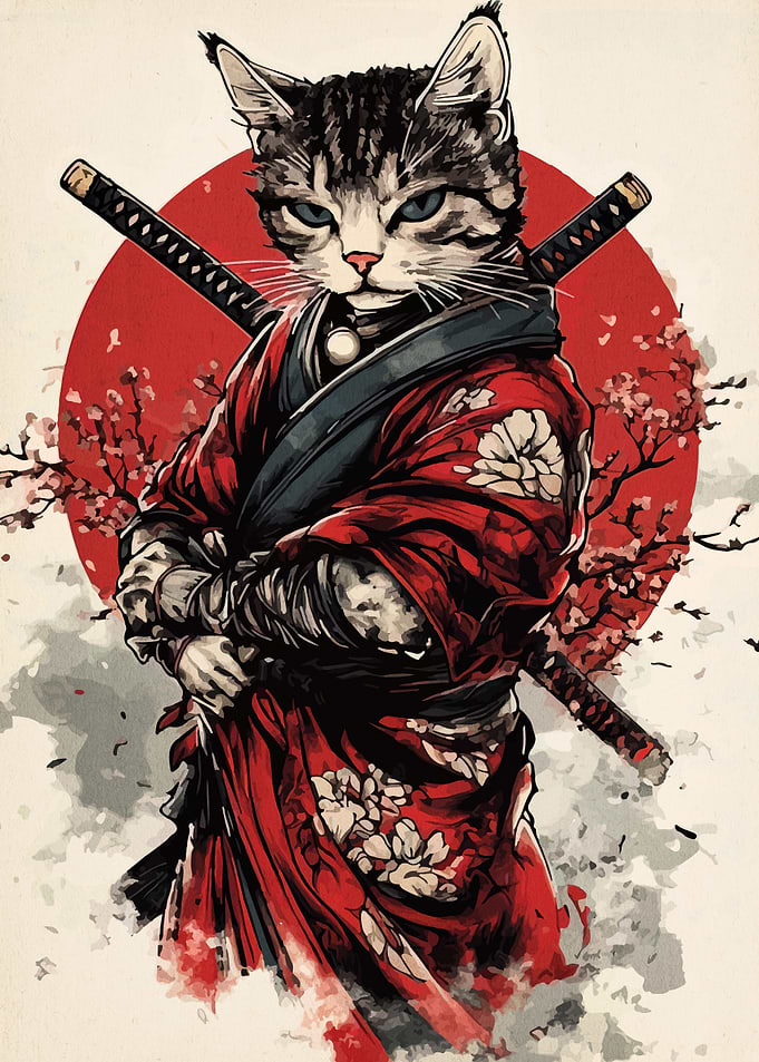 Samurai Cat with Crossed Swords