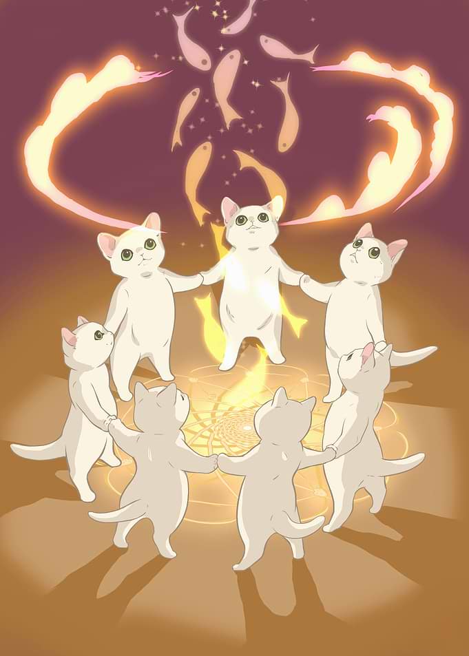 Cats circle with fish and magic