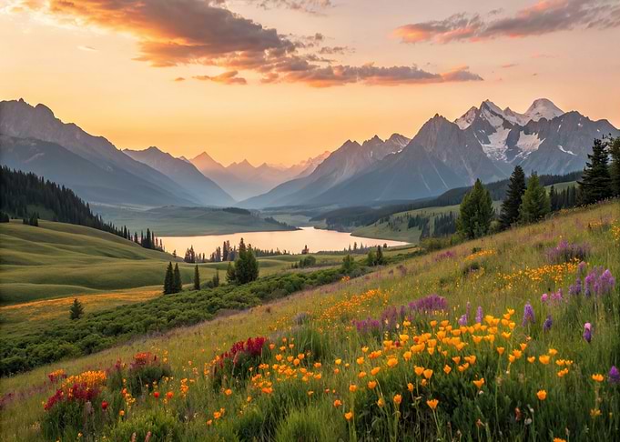 Mountains at Lake Landscape with Wild flowers Nature