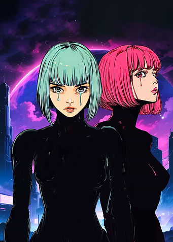 Cyberpunk Girls with Tears in Futuristic City