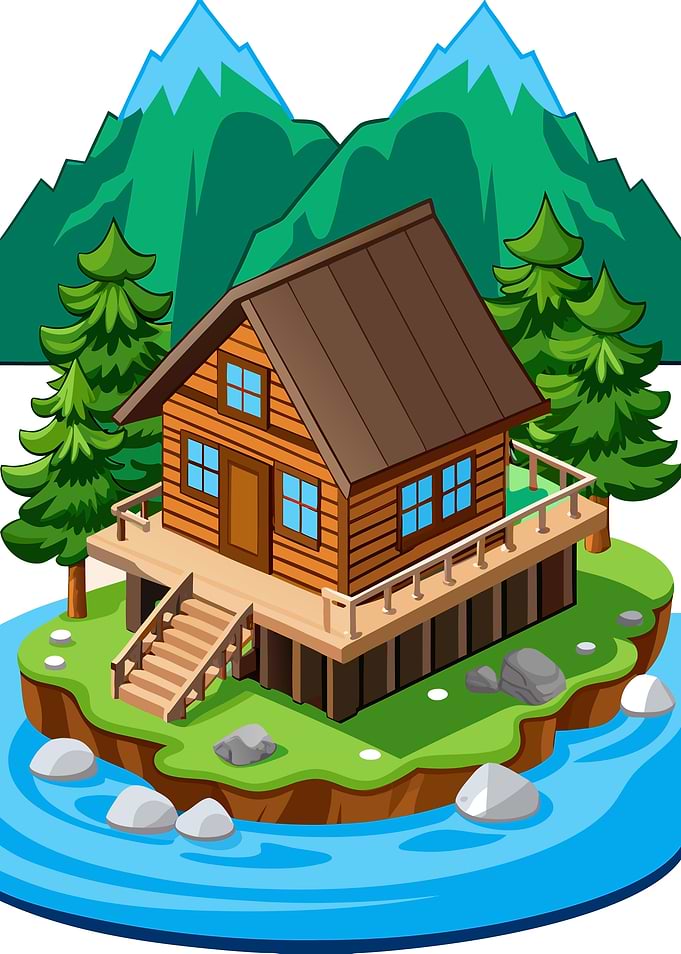 Mountain Log Cabin on Island with River and Pine Trees Vector Illustration Metal print