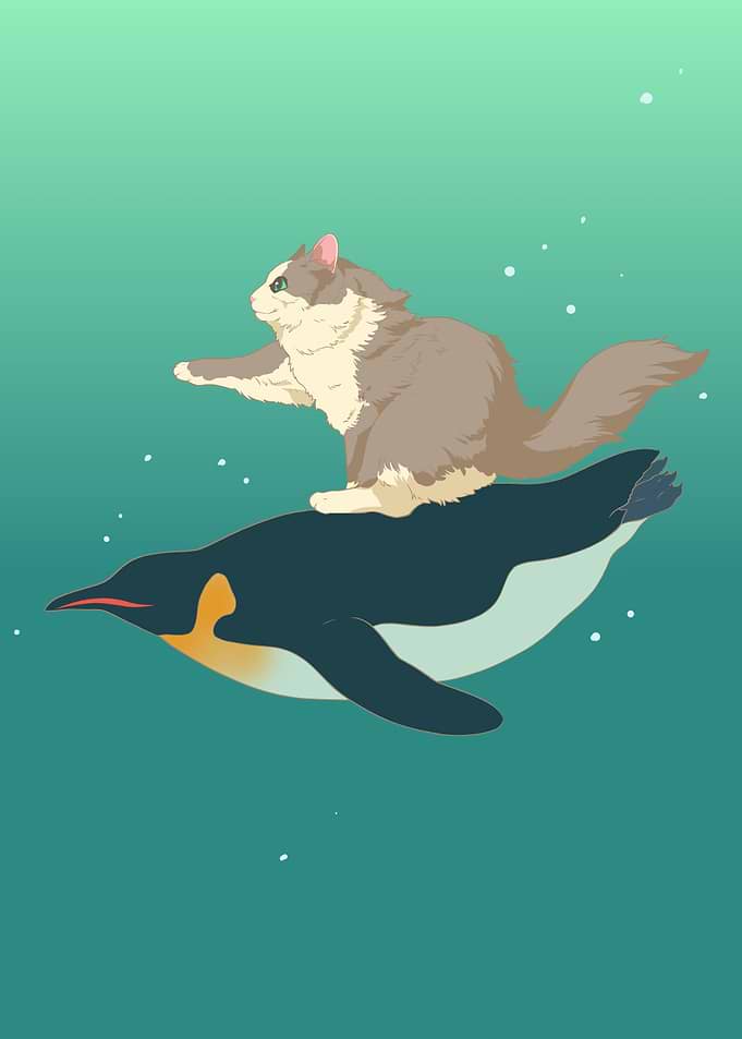 Cat riding a penguin illustration
