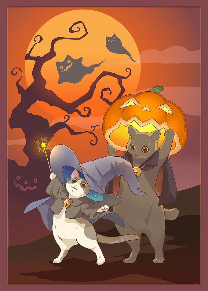 Halloween Cats with Pumpkin and Ghosts