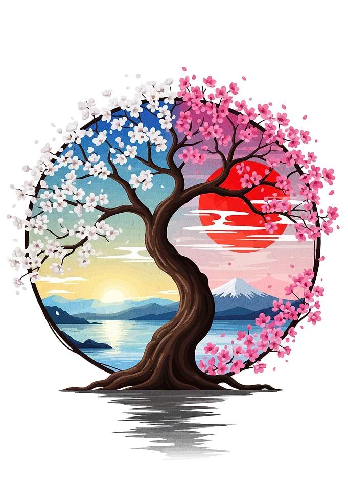 Cherry Blossom Tree with Japanese Landscape