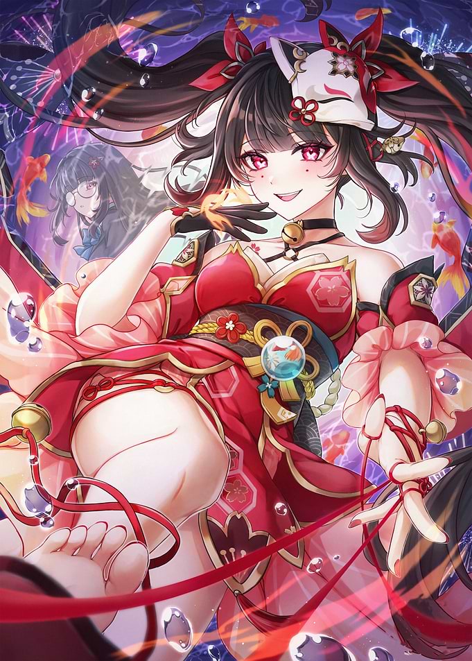 Anime Girl with Fox Mask and Kimono