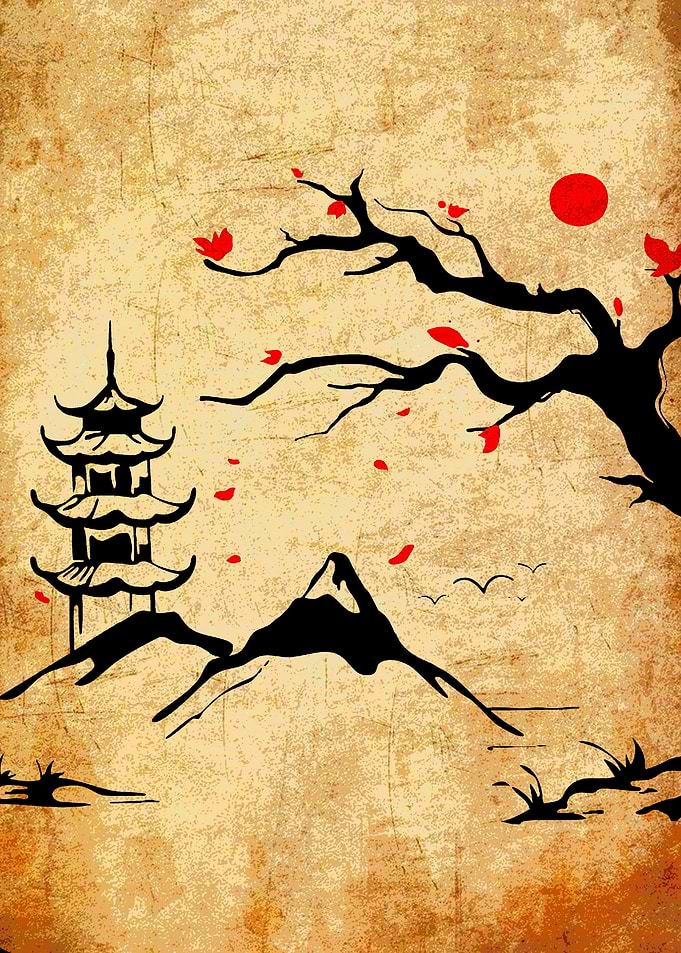Japanese Landscape with Pagoda and Mountain