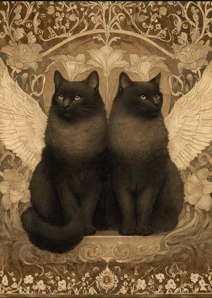 Winged Black Cats – Sepia Art Nouveau Fantasy Poster